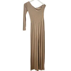 DIOSA Jumpsuit Size Medium Stretch Knit Beige High Slit One Shoulder Cut out